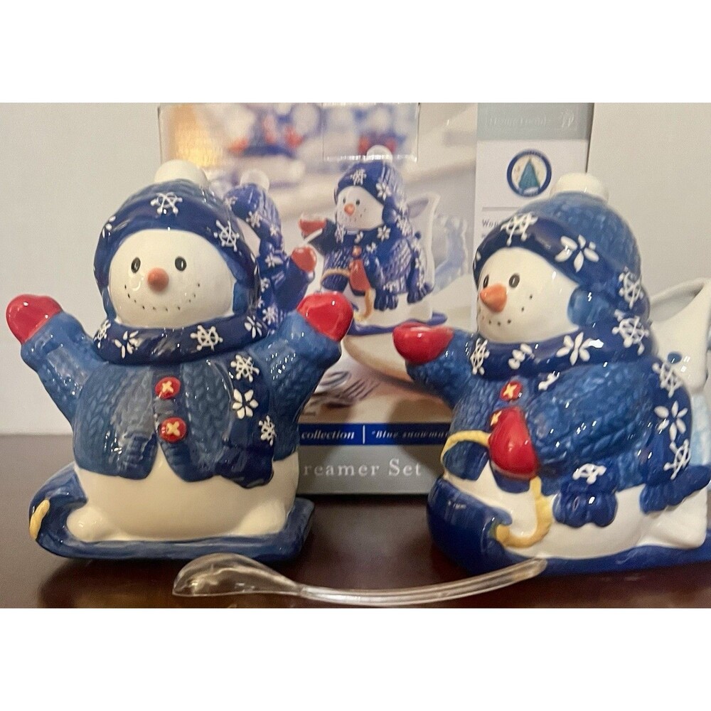 New Bico Ceramic Snowman Sugar Bowl Creamer Christmas Set Homespun Collection